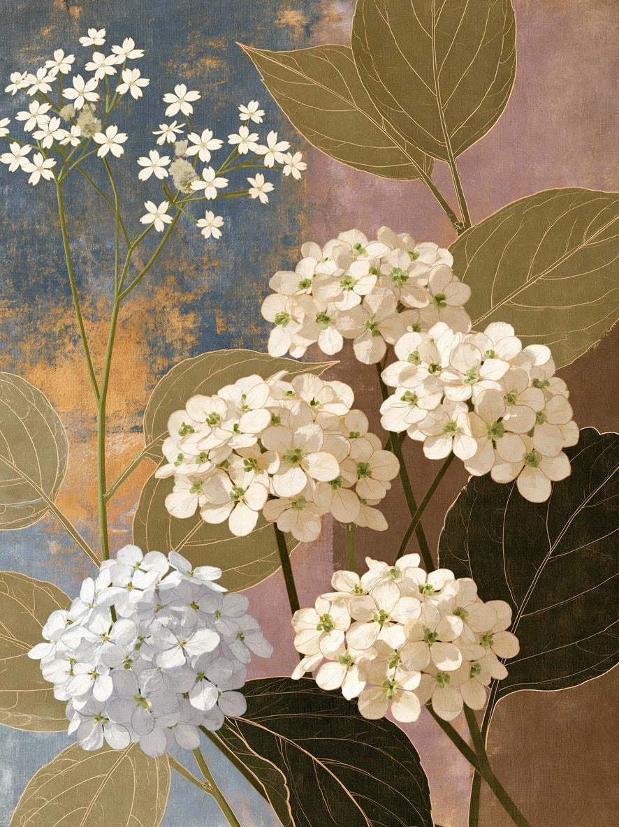 White hydrangea clusters and olive leaves on a weathered blue and mauve background