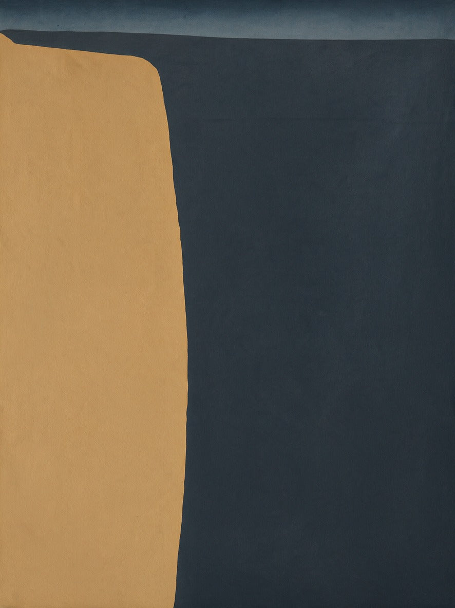 Tall ochre curve against a deep navy field with a thin blue-gray band at the top