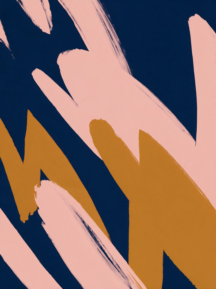 Blush diagonal strokes and ochre zigzags on a deep navy abstract ground