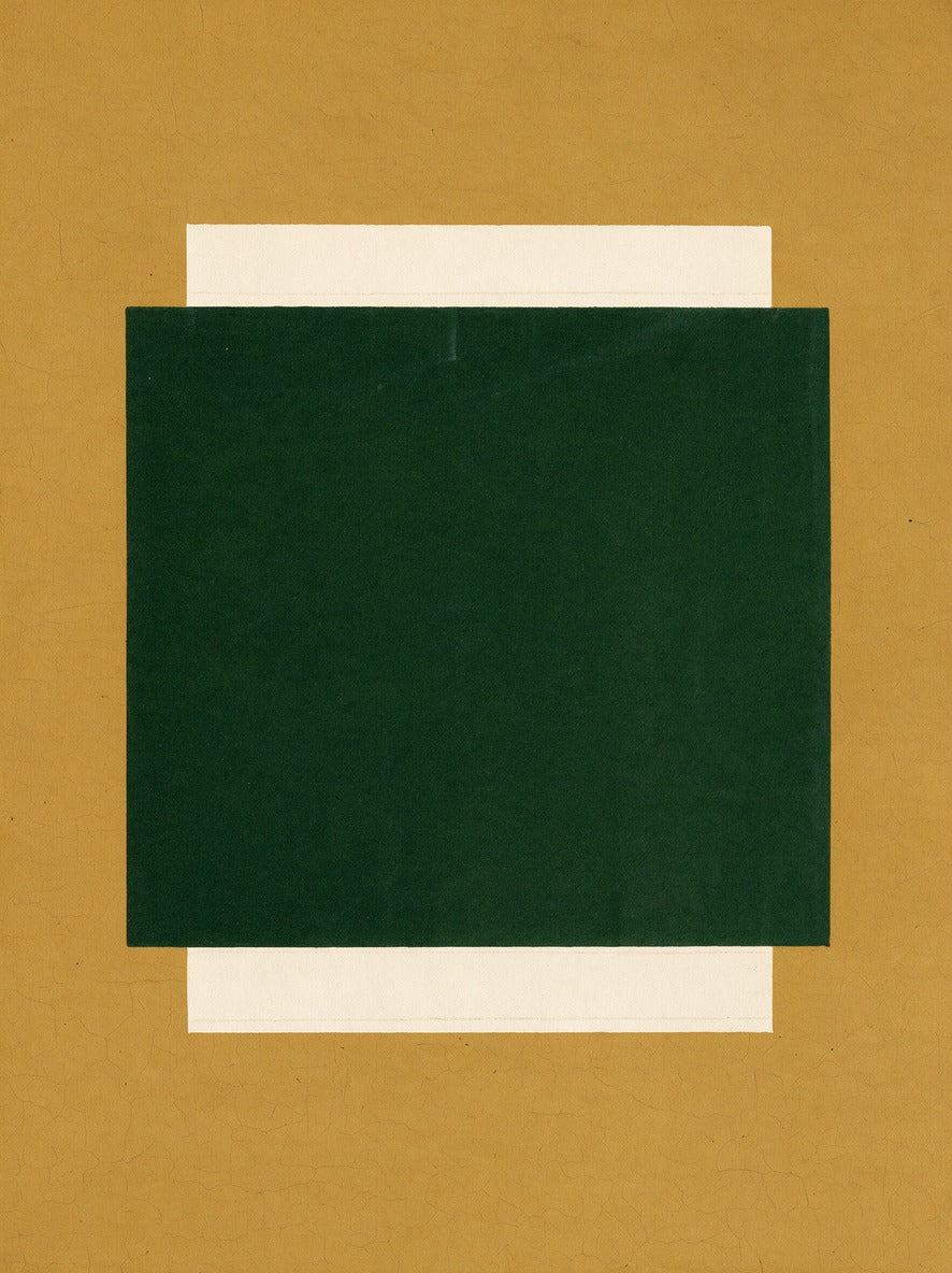 Deep green rectangle centered on an ochre ground with cream bands above and below