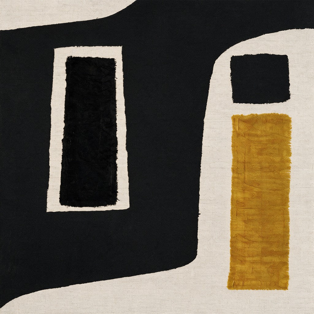 Black bands and ochre blocks on a pale ground with crisp off-white borders