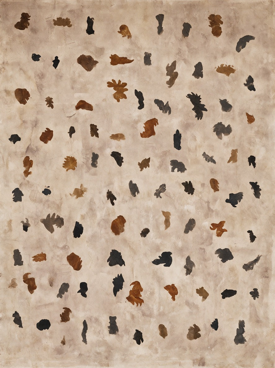 Scattered black and rust marks across a warm beige abstract ground with open spacing
