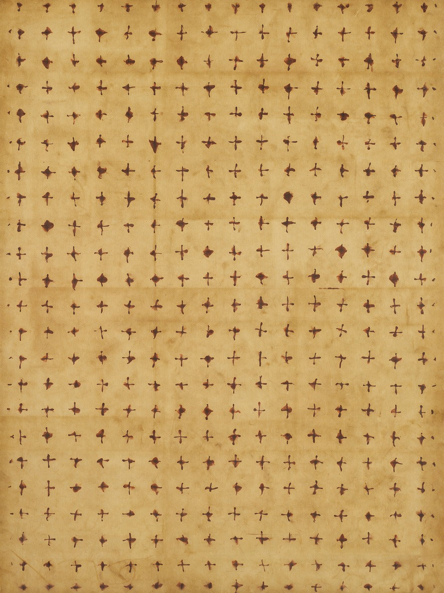 Warm ochre abstract with small rust cross marks arranged in a loose, even grid