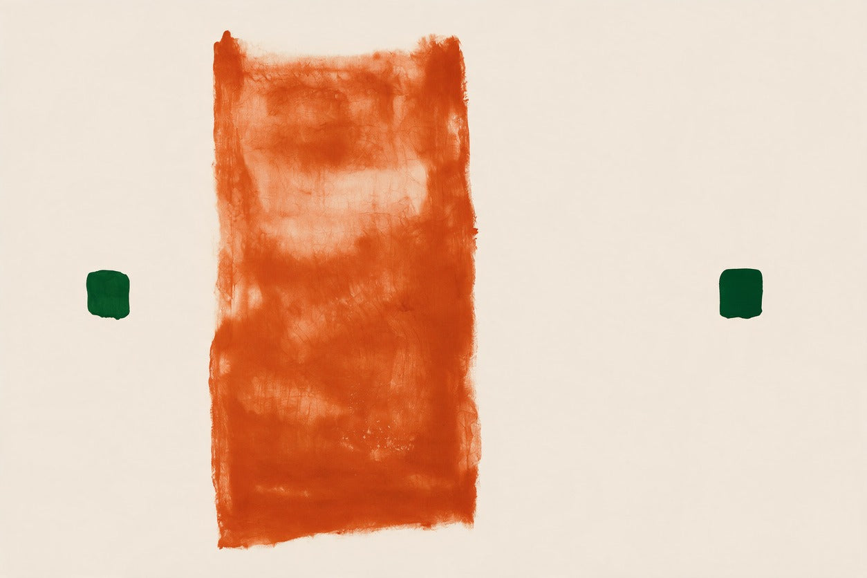 Tall orange abstract block on cream with two small green squares at the sides