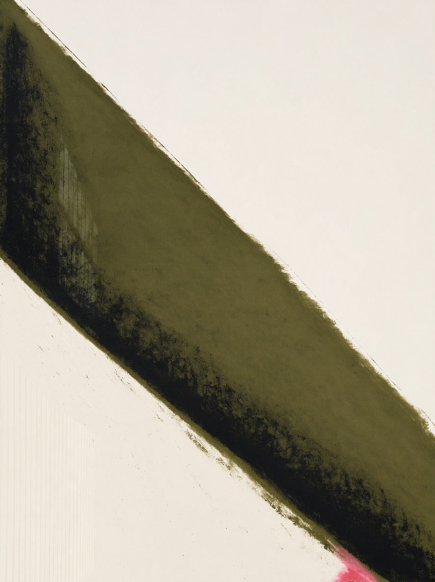 Olive green diagonal band with black edge and pink corner accent on a pale cream ground