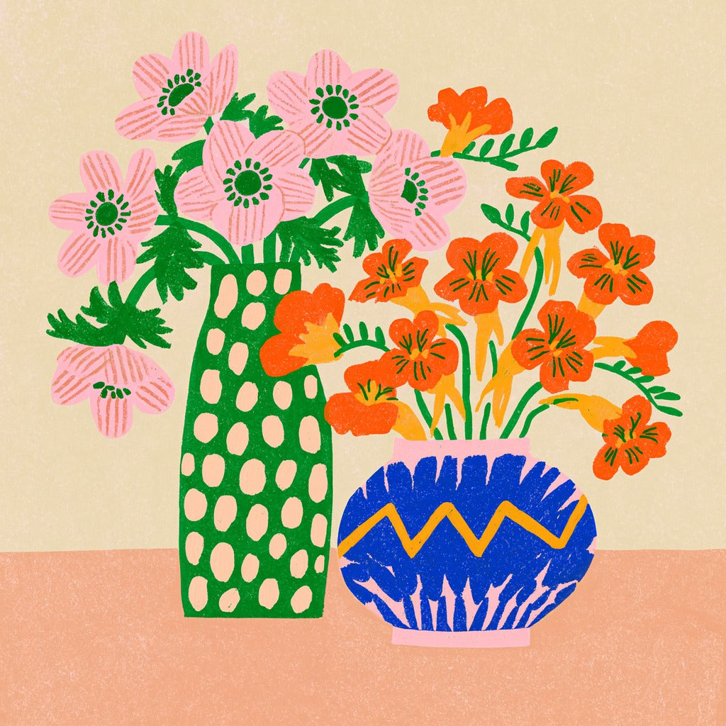 Colorful folk still life with pink flowers, orange blooms, and patterned green and blue vases on a peach