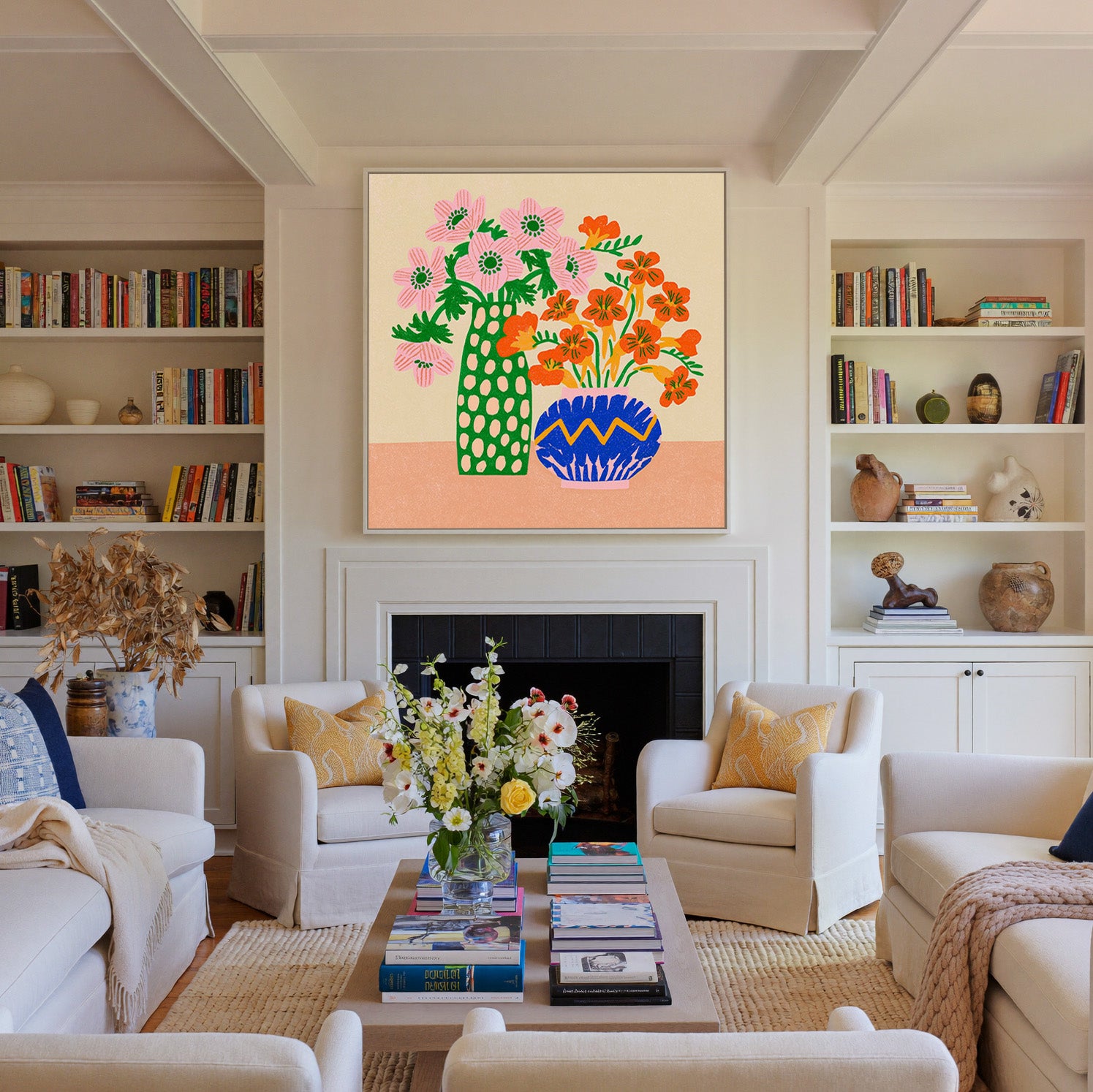 colorful folk still life with pink flowers, canvas wall art in a white frame above a fireplace