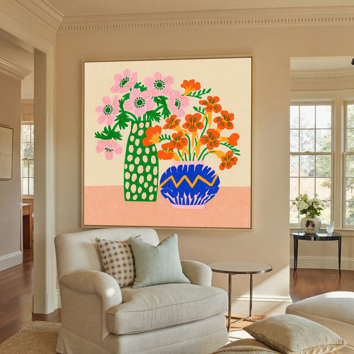 colorful folk still life with pink flowers, canvas wall art in a natural wood frame in a styled room setting