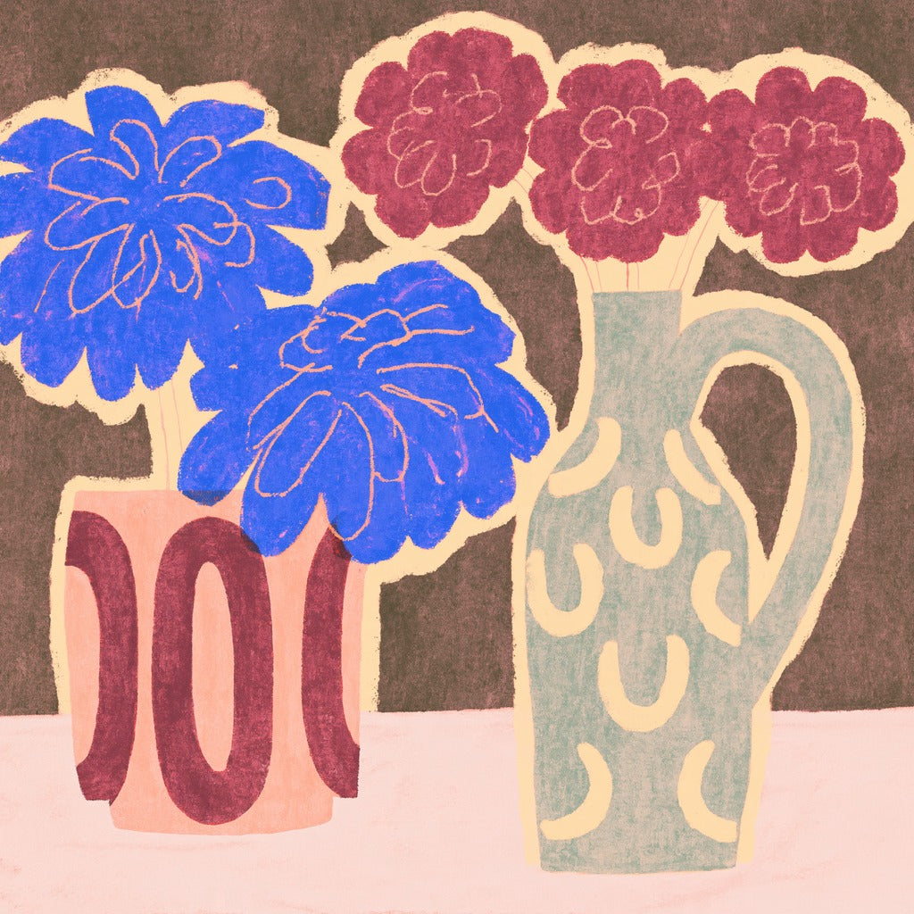 Cobalt blue and burgundy flowers in patterned vases against a dark brown ground
