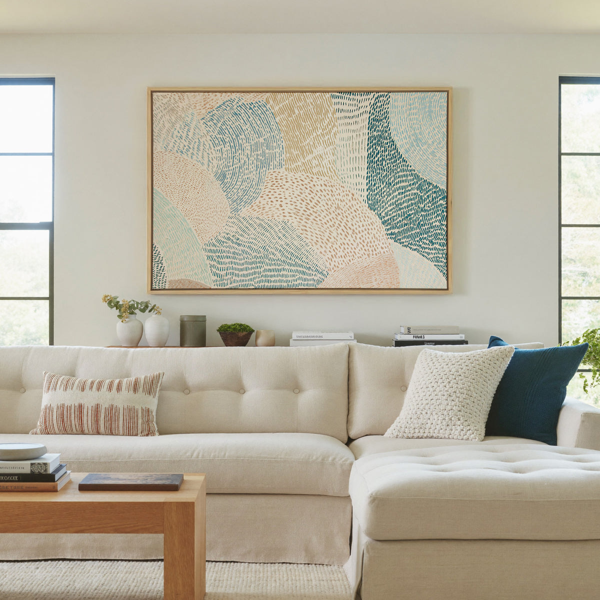 soft coastal abstract with layered teal, aqua, canvas wall art in a natural wood frame in a living room