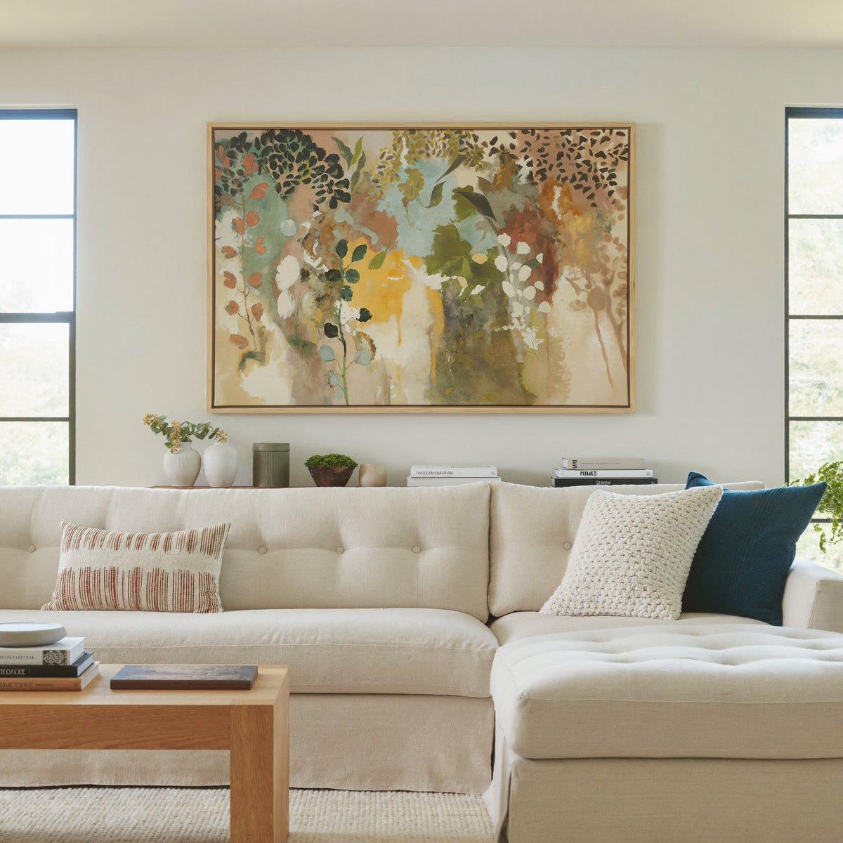 soft botanical abstract with olive, saffron, canvas wall art in a natural wood frame in a living room