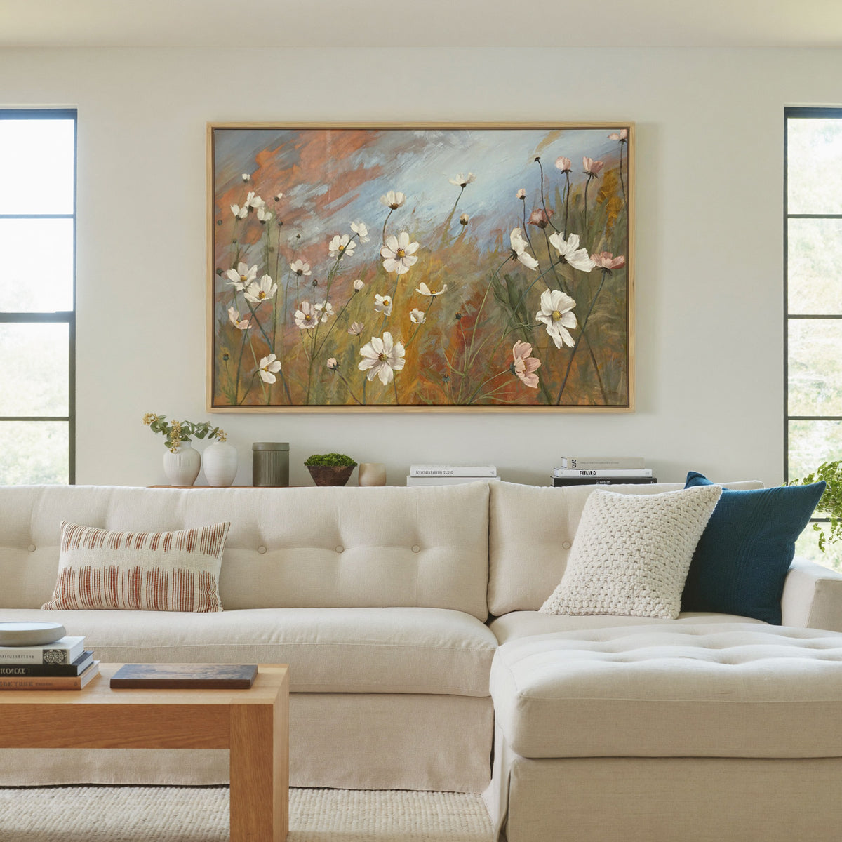 soft wildflower meadow with white and blush canvas wall art in a natural wood frame in a living room