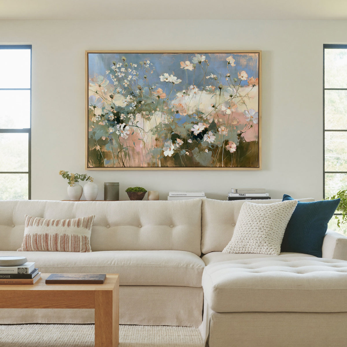 soft white and blush wildflowers under a blue canvas wall art in a natural wood frame in a living room