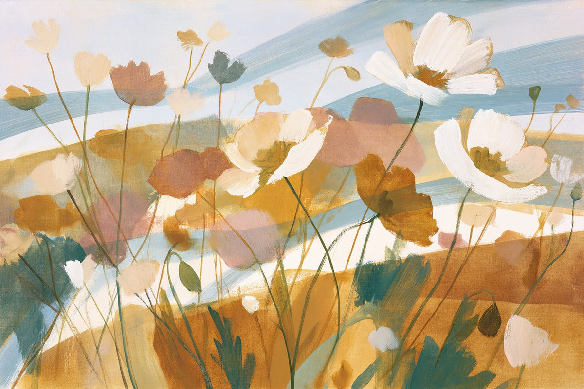 Pale apricot poppies with white blooms and blue bands across a cream meadow scene