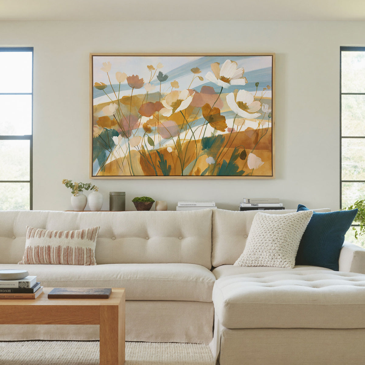 pale apricot poppies with blue bands canvas wall art in a natural wood frame in a living room