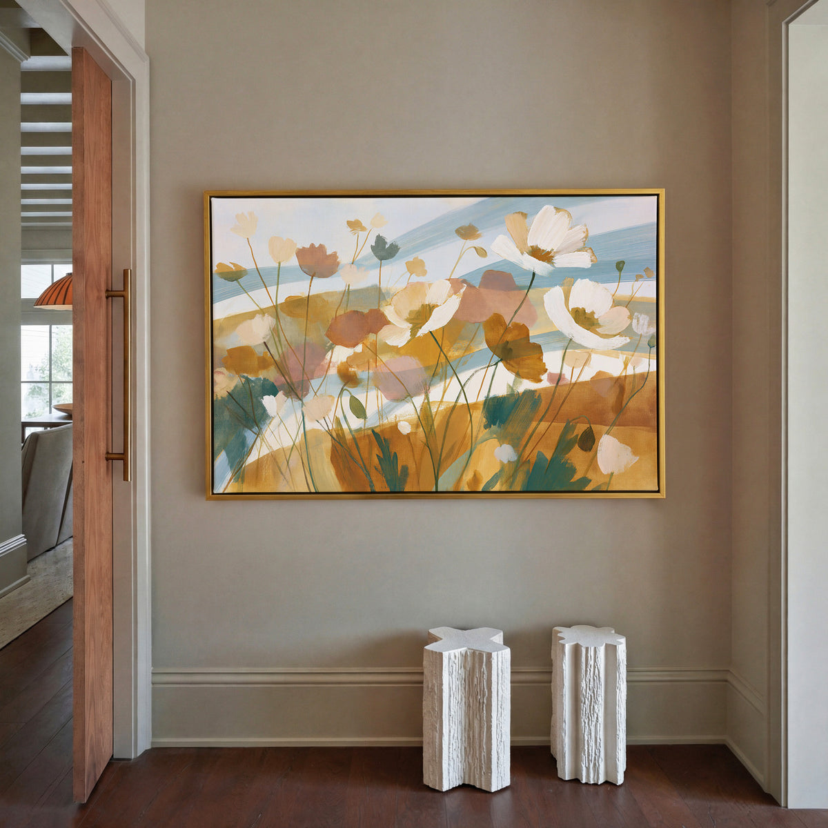 pale apricot poppies with blue bands canvas wall art in a gold frame in a styled room setting