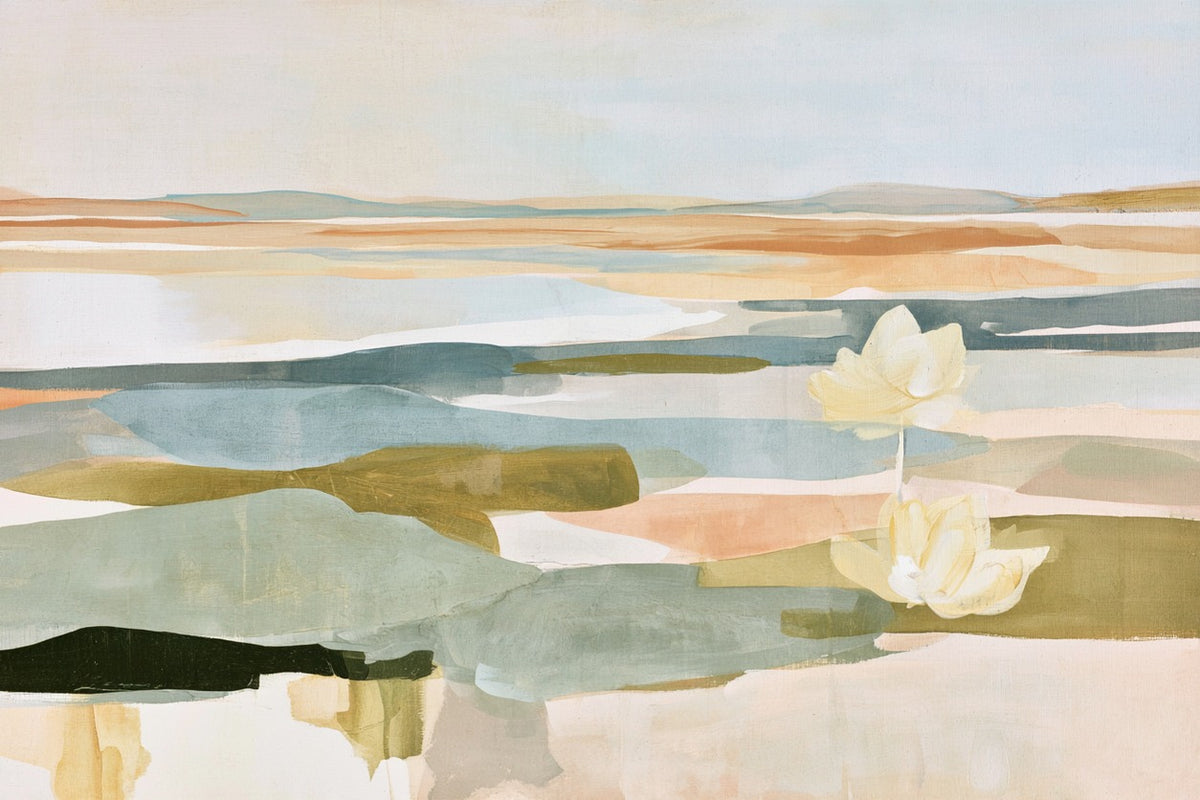 Soft blue green and ochre horizontal bands with white floral forms across a pale ground