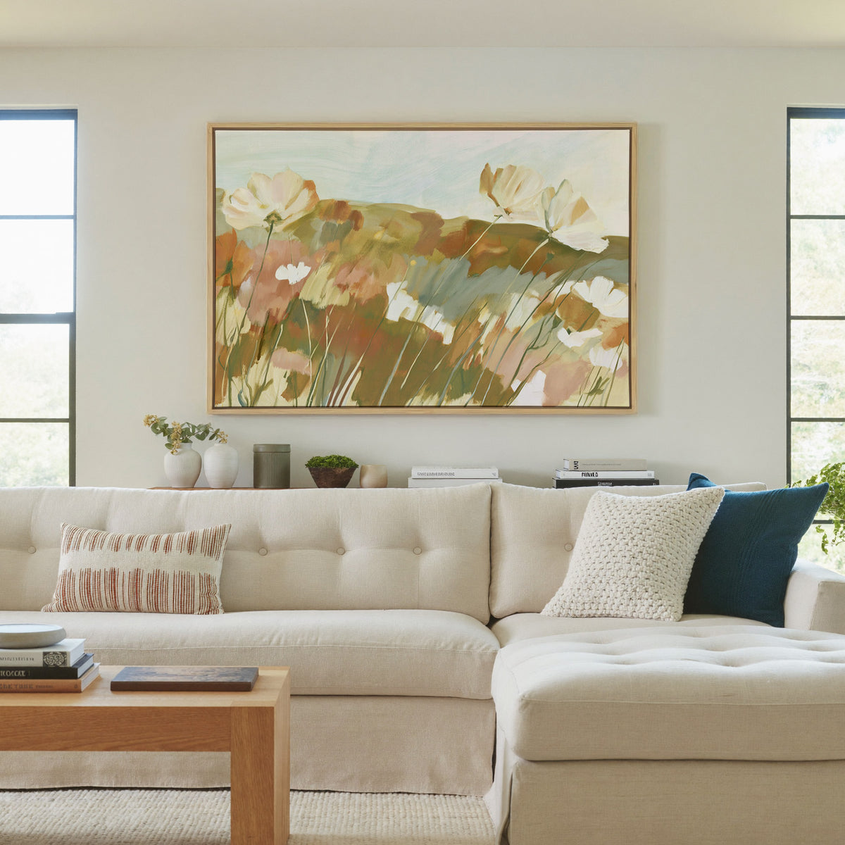 soft apricot poppies in a loose meadow canvas wall art in a natural wood frame in a living room