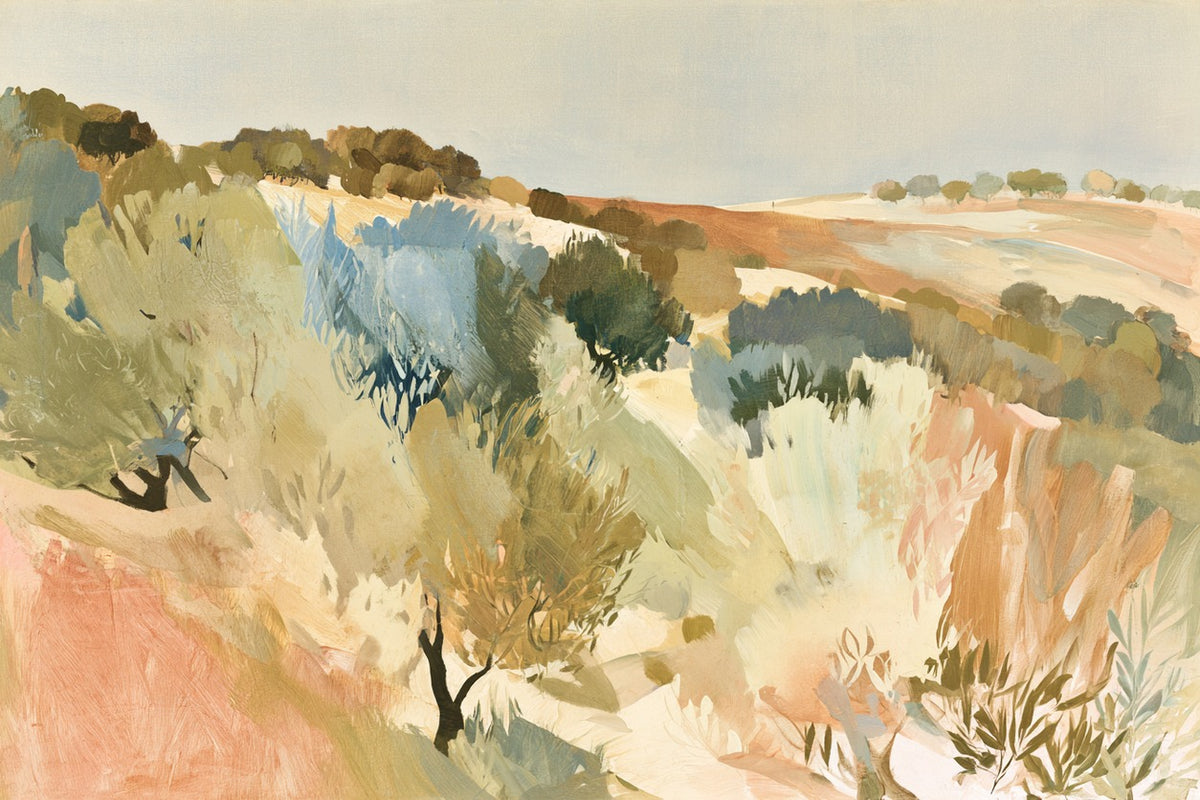 Warm olive orchard on a sloping hillside with sage trees, peach fields, and pale sky