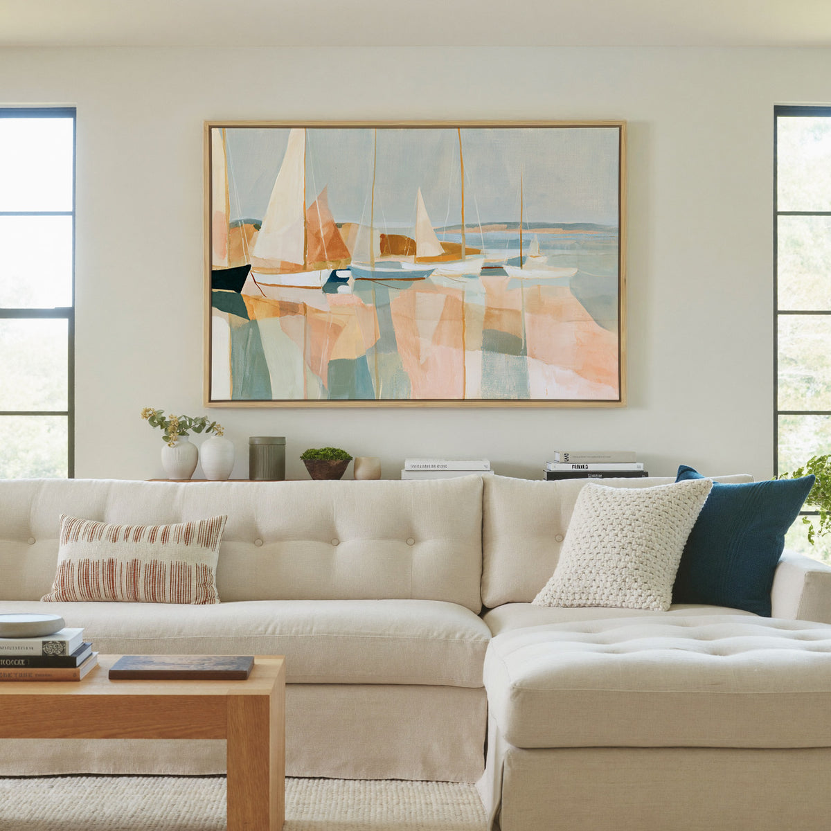 soft harbor with sailboats and pale reflections canvas wall art in a natural wood frame in a living room