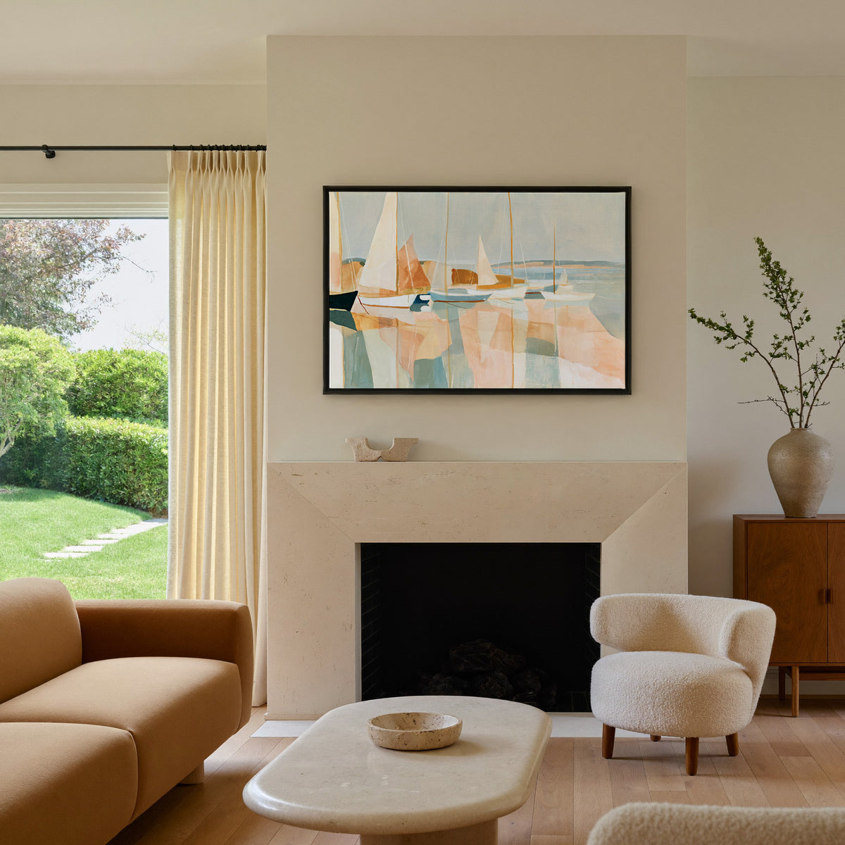soft harbor with sailboats and pale reflections canvas wall art in a black frame above a mantel