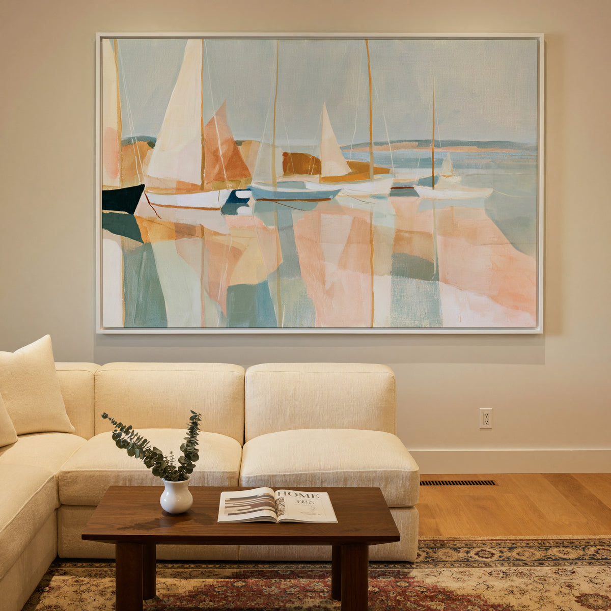 soft harbor with sailboats and pale reflections canvas wall art in a white frame in a styled room setting