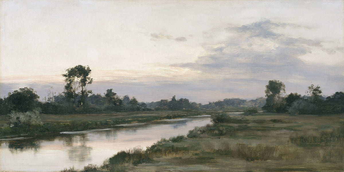 Narrow river channel through a quiet meadow with pale dawn sky and dark tree line