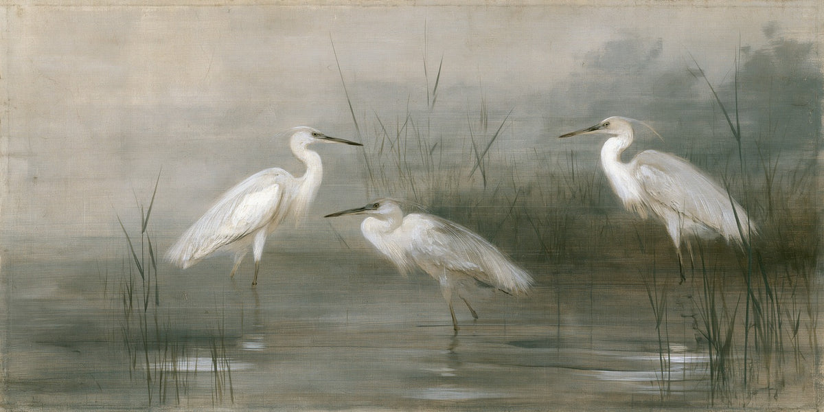 Three white birds standing in shallow marsh water with thin reeds and pale reflections