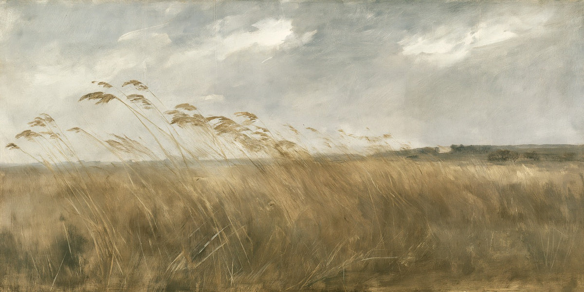 Windblown tall grass field in tawny gold tones beneath a pale gray sky