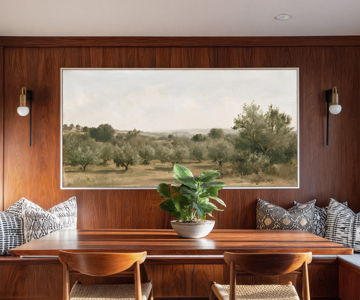 late summer orchard with uneven rows of small canvas wall art in a white frame in a styled room setting