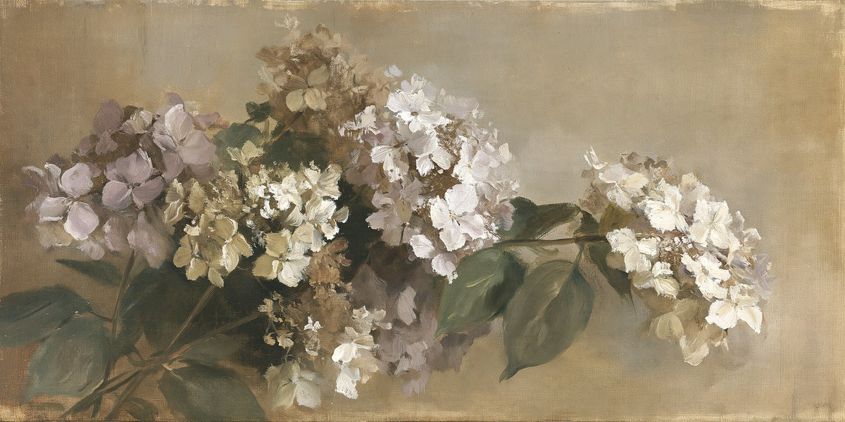 Faded hydrangea cluster in cream, mauve, and olive spreads across a warm beige ground
