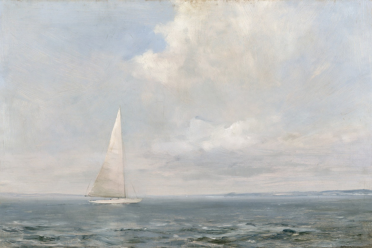 Lone white sailboat on blue-gray water beneath a broad pale cloud and open sky