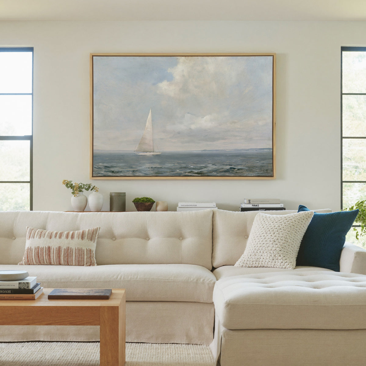 white sailboat beneath a pale oversized cloud canvas wall art in a natural wood frame in a living room