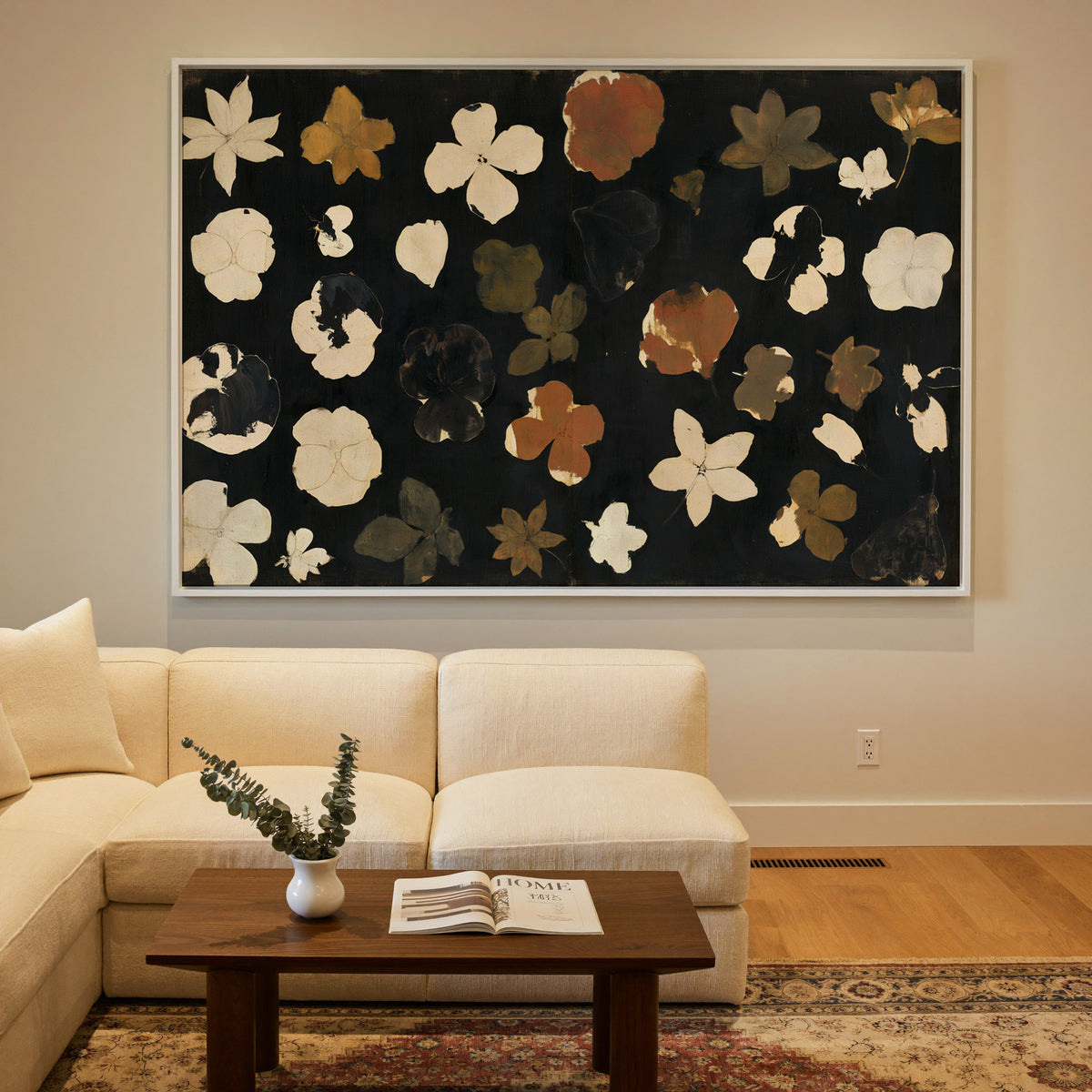 wild meadow flowers on a dark ground canvas wall art in a white frame in a styled room setting