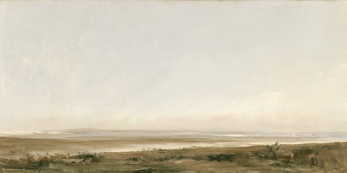 Pale coastal landscape with low marsh grass, thin shoreline, and a wide hazy cream sky