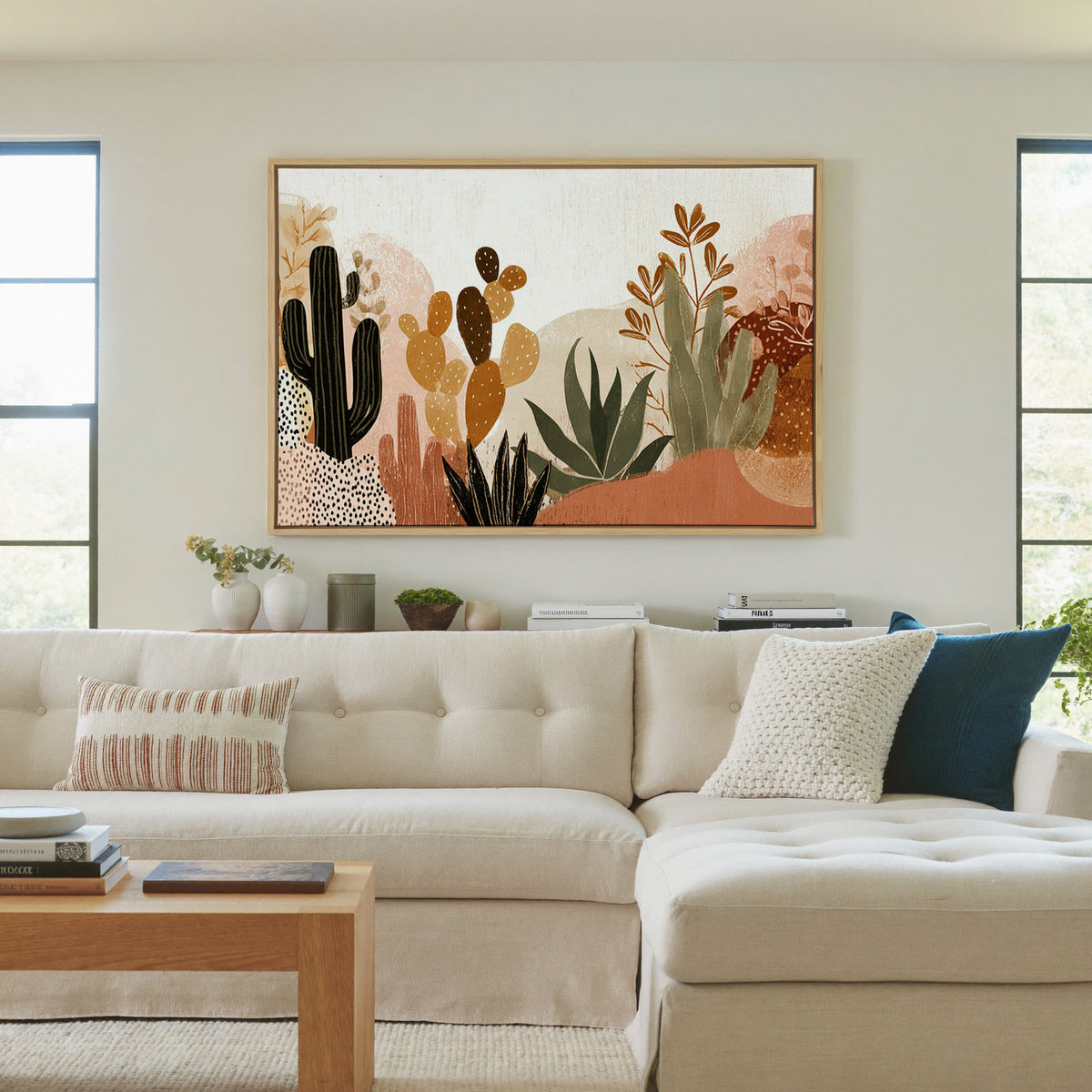 whimsical desert flora with cacti and aloe in canvas wall art in a natural wood frame in a living room