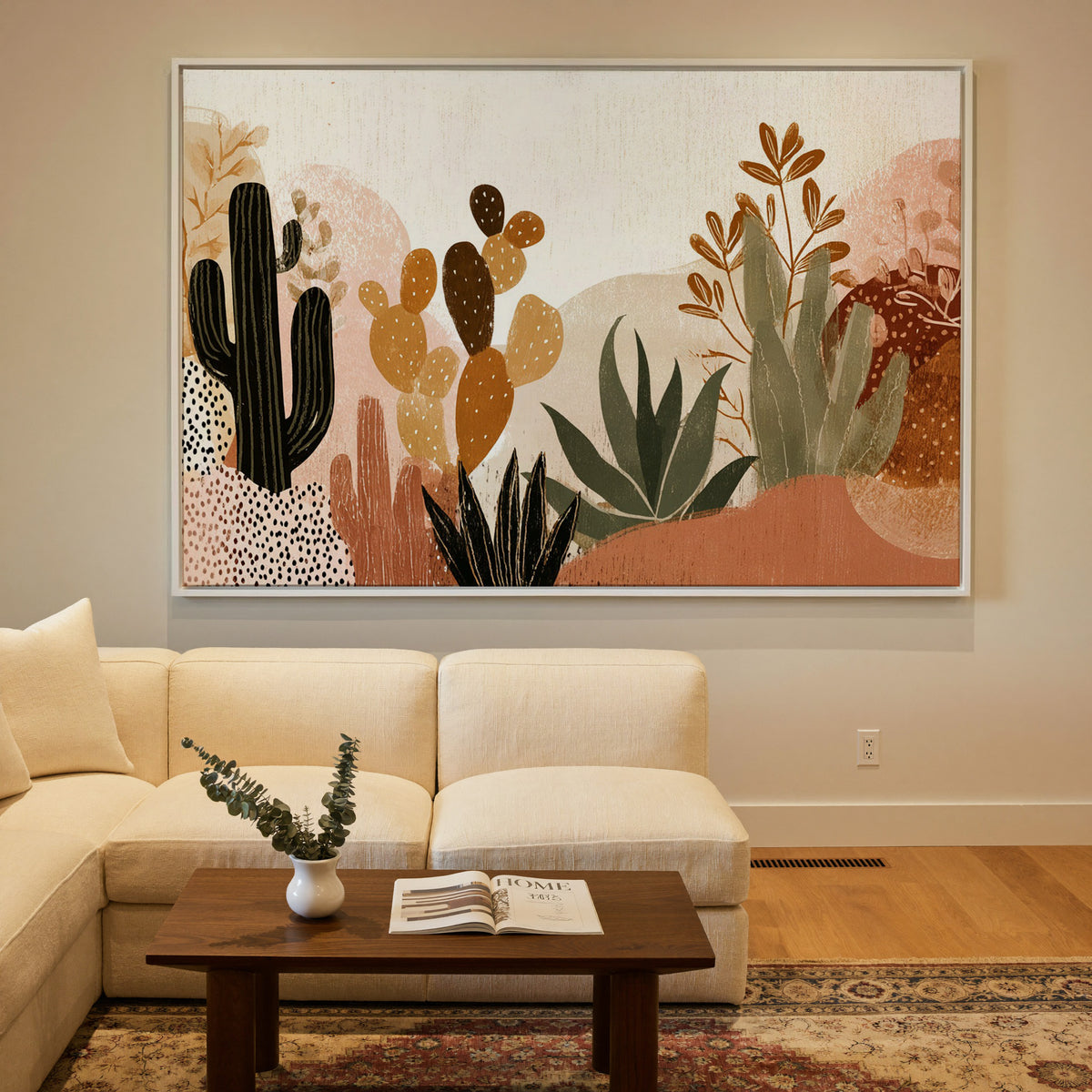 whimsical desert flora with cacti and aloe in canvas wall art in a white frame in a styled room setting