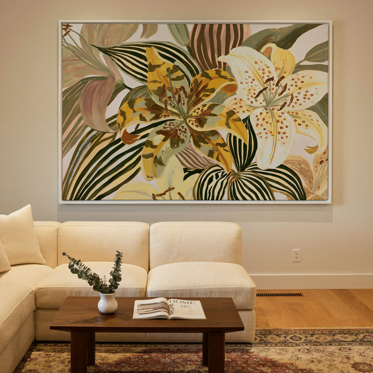 oversized yellow and cream tiger canvas wall art in a white floater frame in a styled room setting