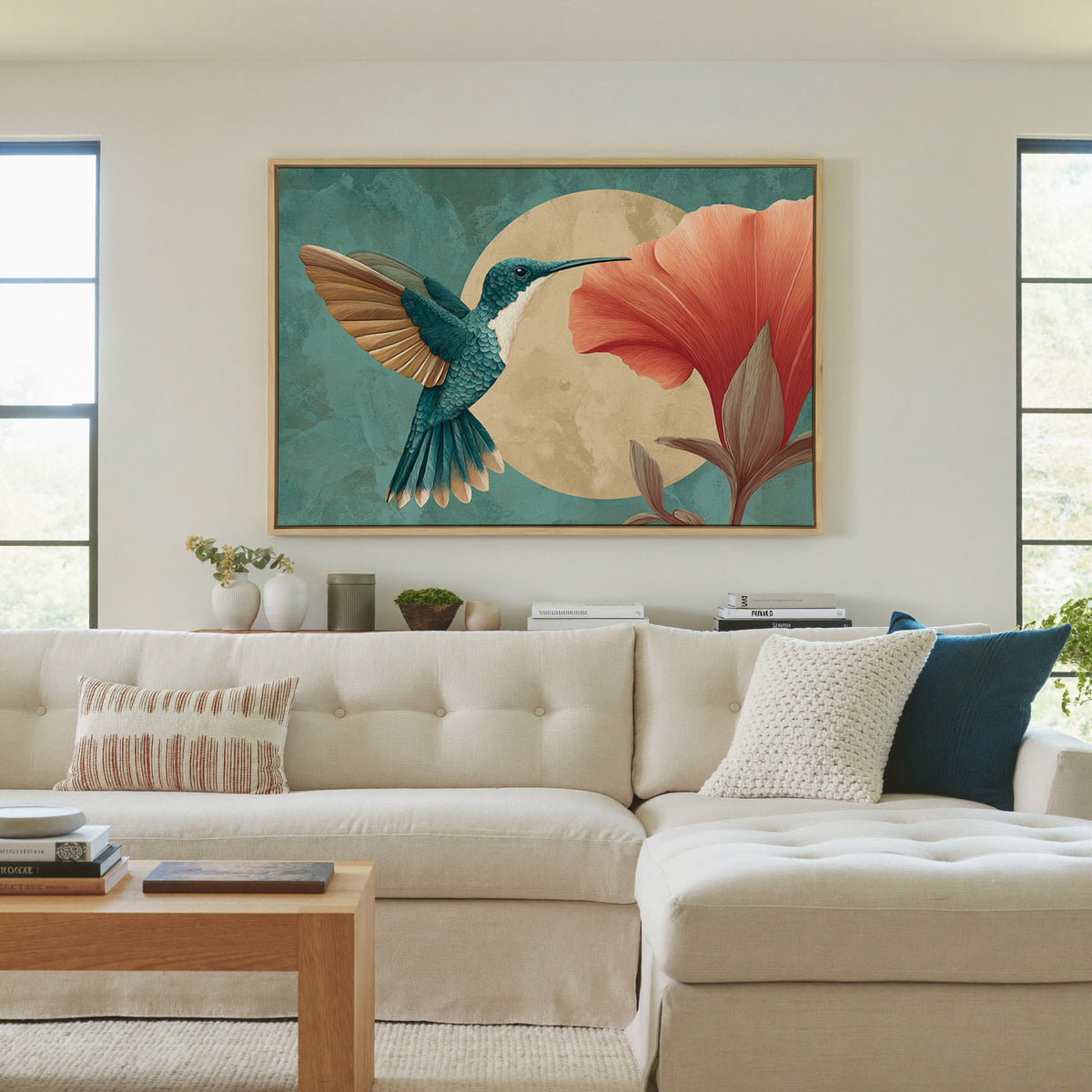 teal hummingbird beside an oversized coral canvas wall art in a natural floater frame in a living room
