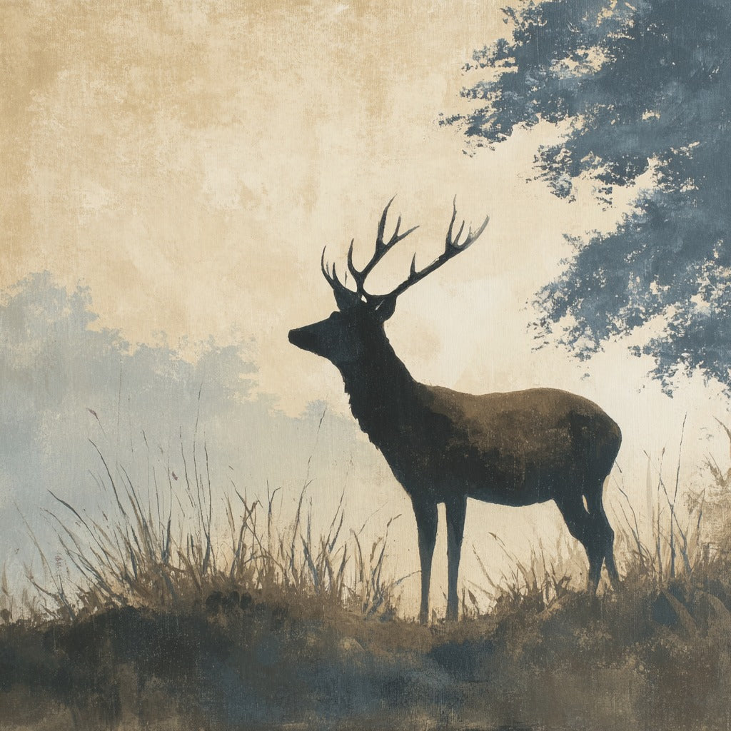 Stag in profile with branching antlers, framed by blue-gray foliage against a pale beige clearing