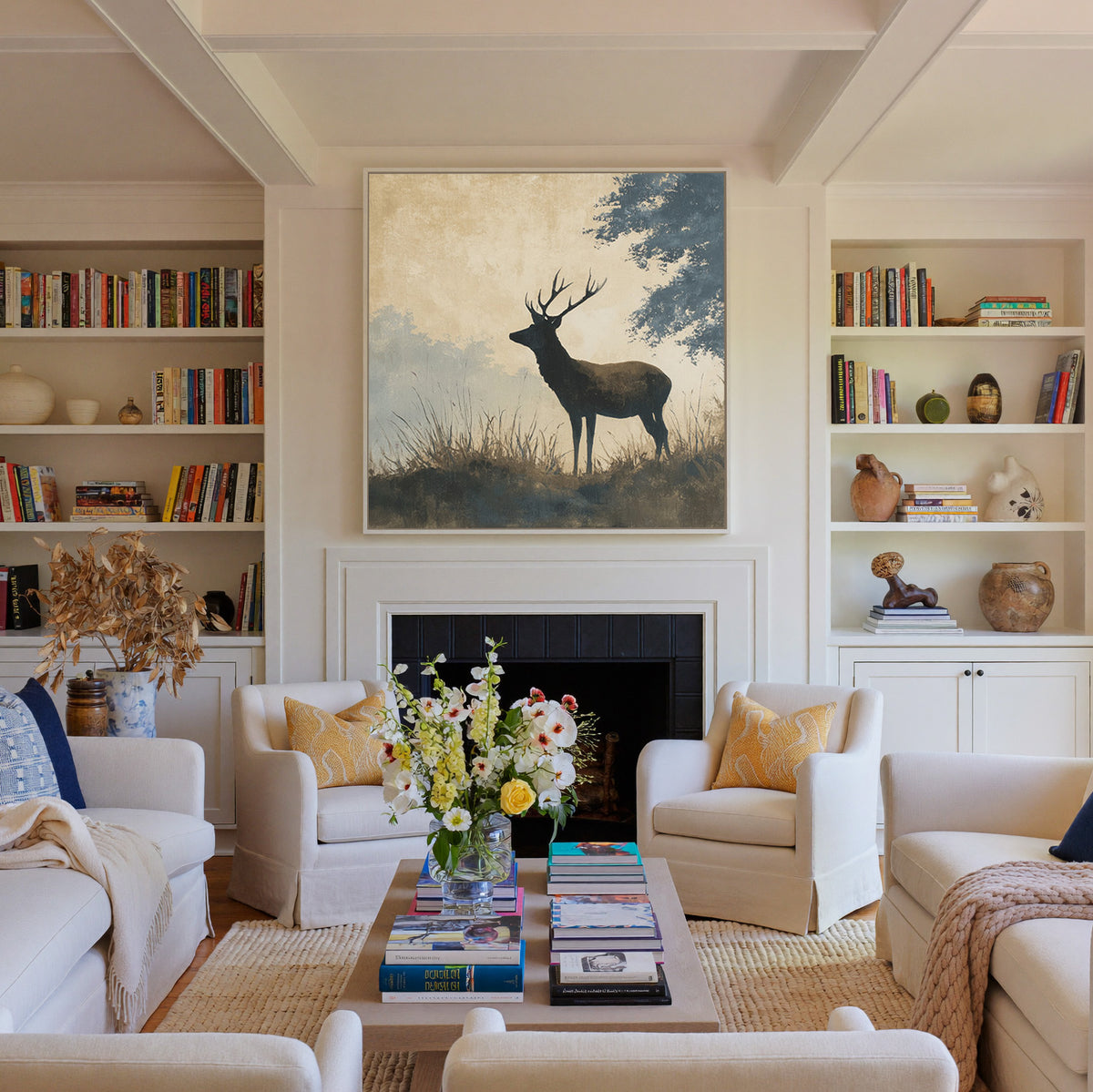stag in profile beneath blue gray woodland canvas wall art in a white floater frame above a fireplace