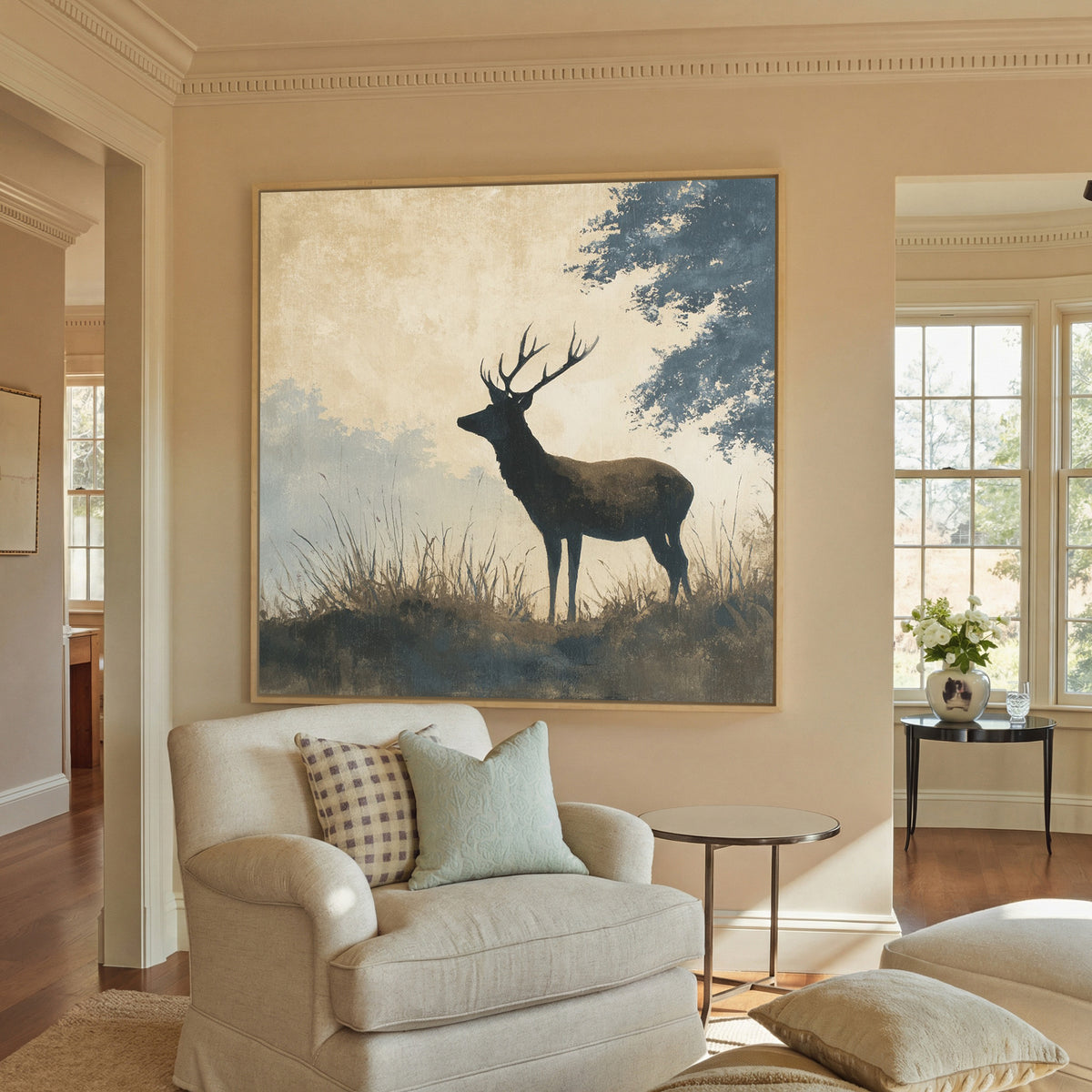 stag in profile beneath blue gray woodland canvas wall art in a natural floater frame in a styled room setting