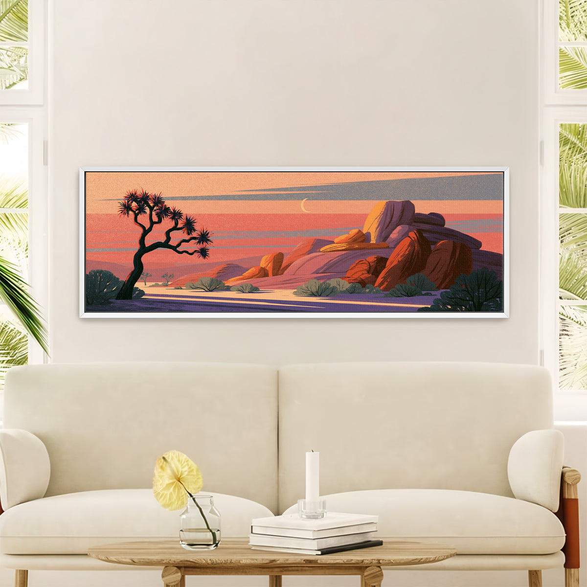 twisted joshua tree beside purple and orange canvas wall art in a white floater frame in a styled room setting