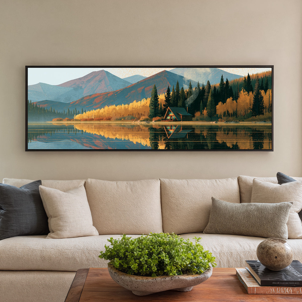 lakeside a frame cabin beneath canvas wall art in a black floater frame in a styled room setting