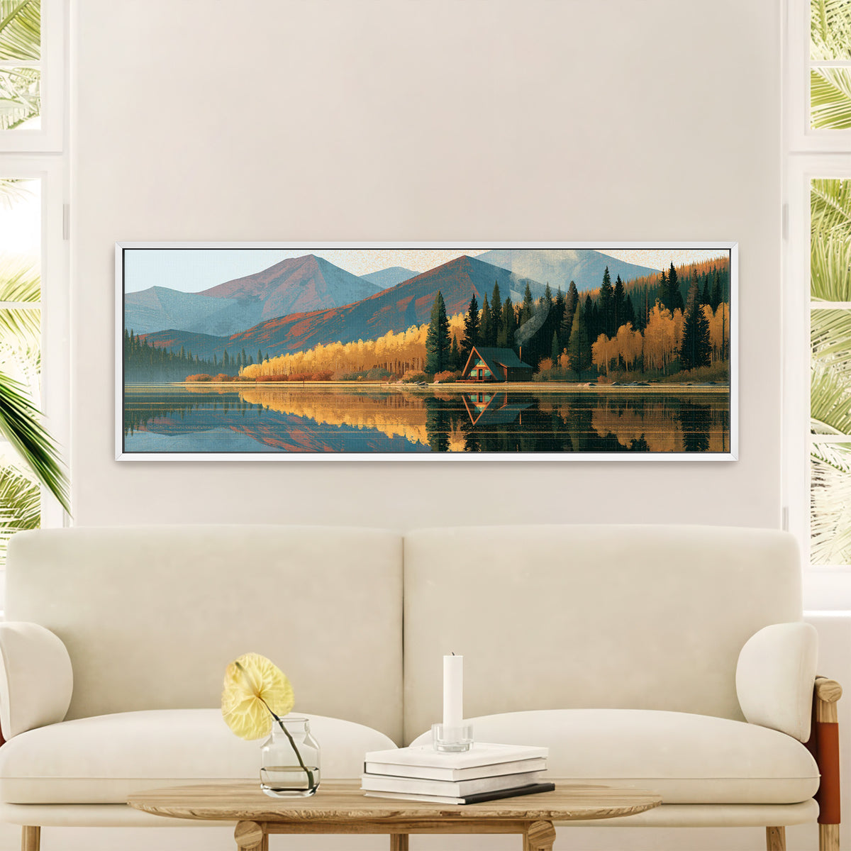 lakeside a frame cabin beneath canvas wall art in a white floater frame in a styled room setting