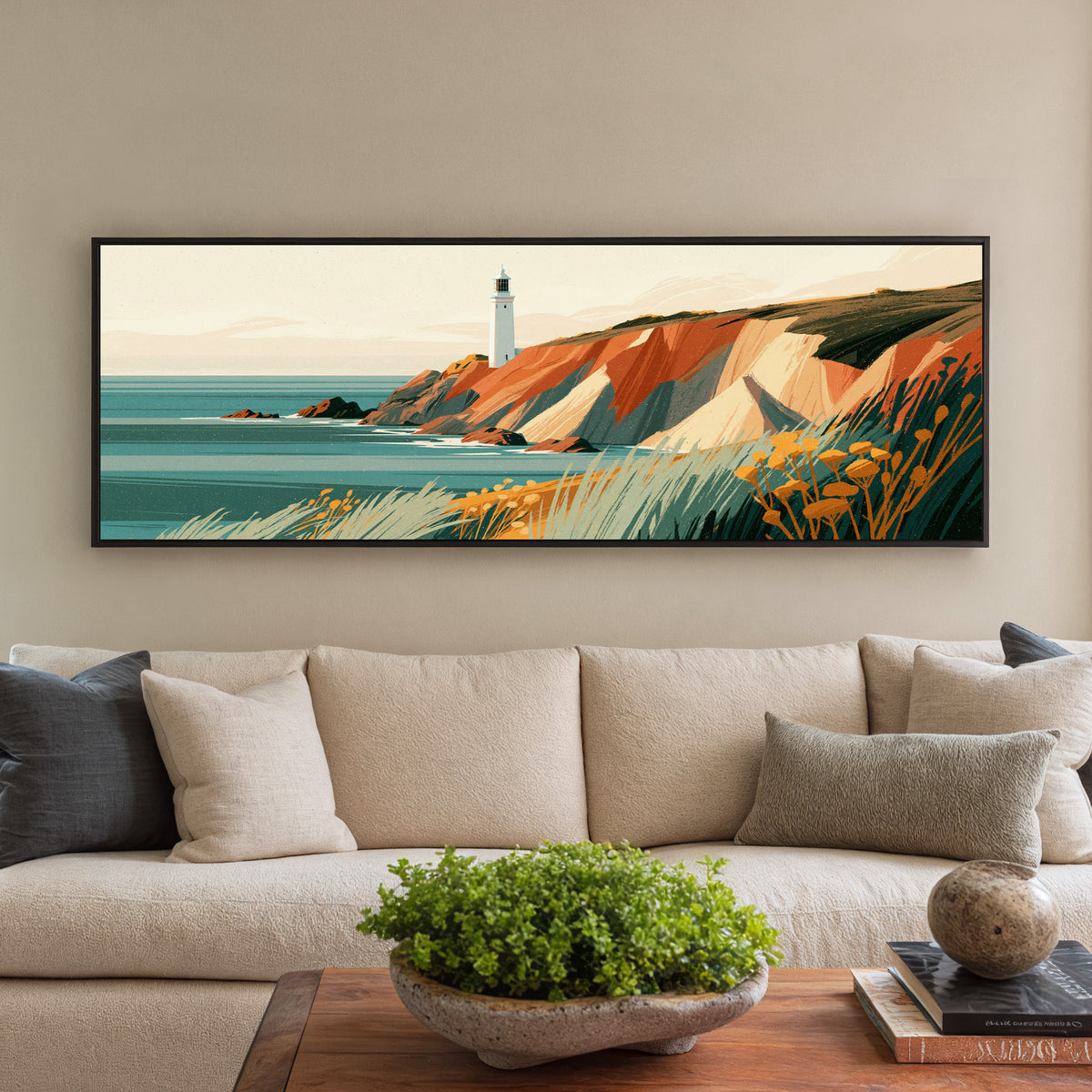 white lighthouse above rust canvas wall art in a black floater frame in a styled room setting