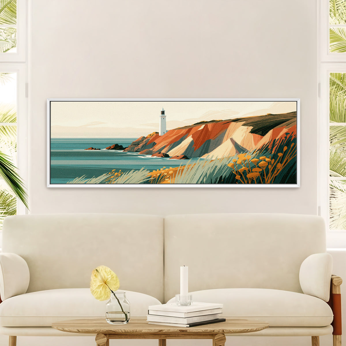white lighthouse above rust canvas wall art in a white floater frame in a styled room setting