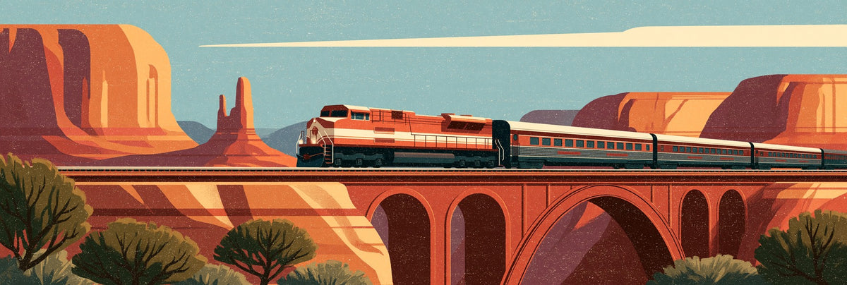 Red and cream passenger train crossing an arched bridge between orange mesas beneath a pale teal sky