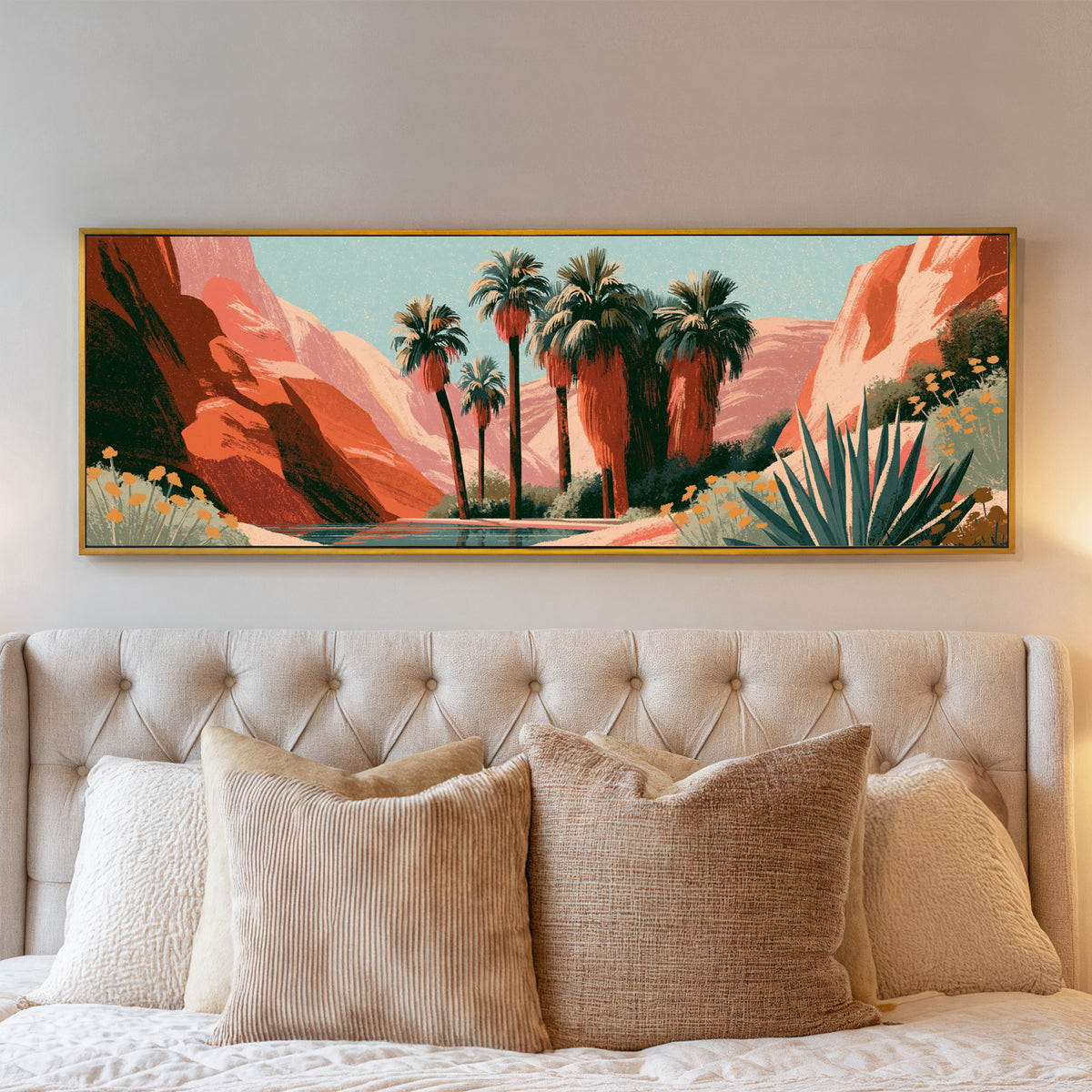 clustered palms beside a blue green pool canvas wall art in a gold floater frame above a bed
