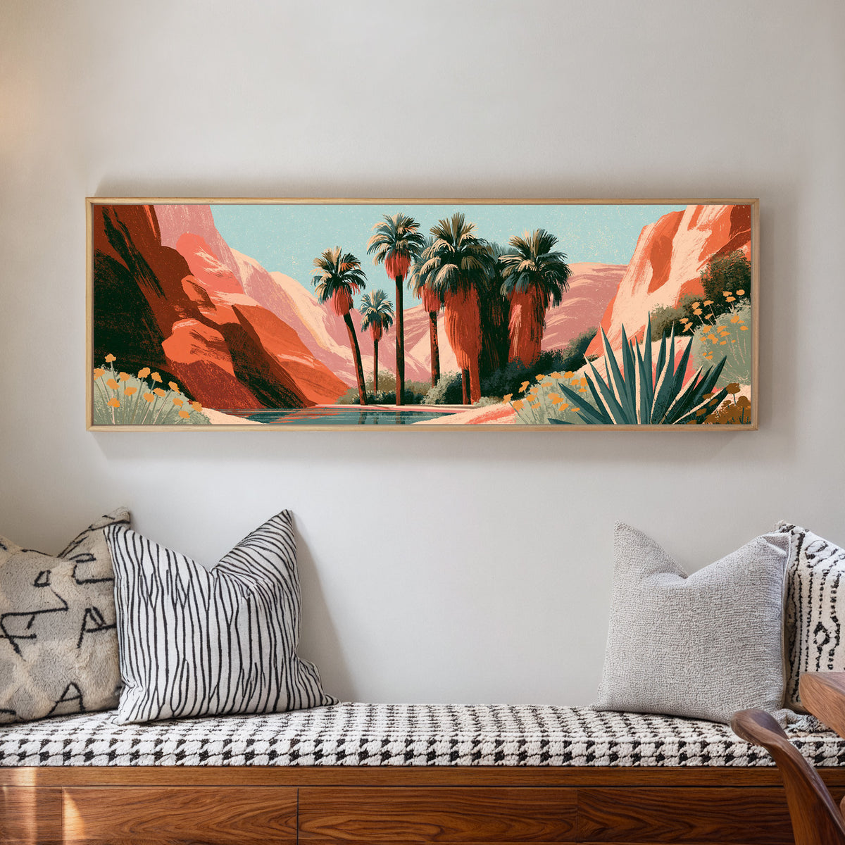 clustered palms beside a blue green pool canvas wall art in a natural floater frame in a living room